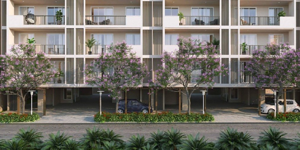 DLF Garden City Enclave — four-storey independent floors behind flowering trees